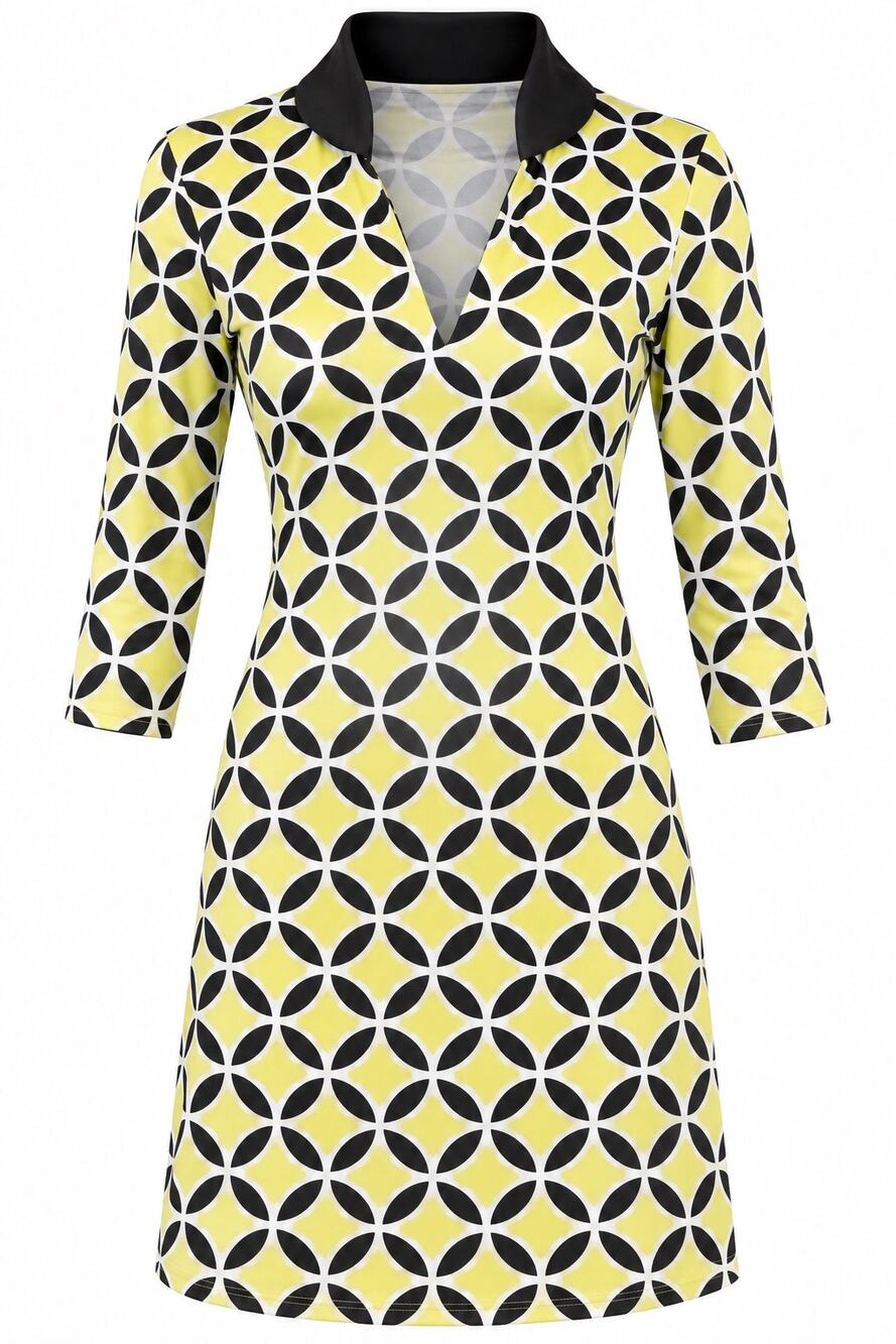 Katherine Way Women’s Geometric Print V-Neck Dress, Yellow Black White, Size L